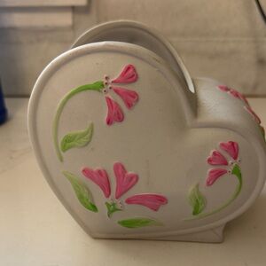 Vintage 1991 FTD floral heart ceramic planter vase pink and green